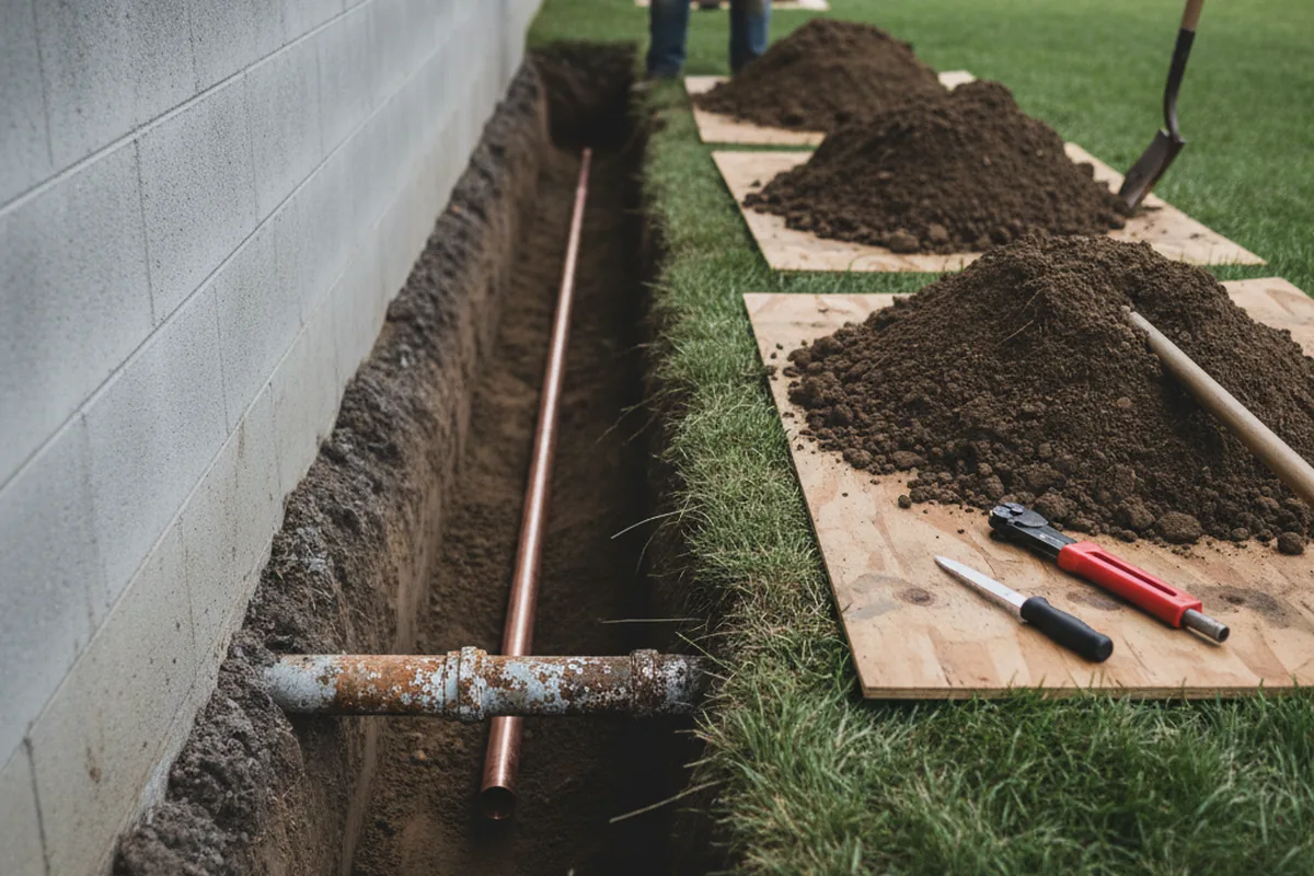 Excavated water line trench during Water Softener Installation in Penn